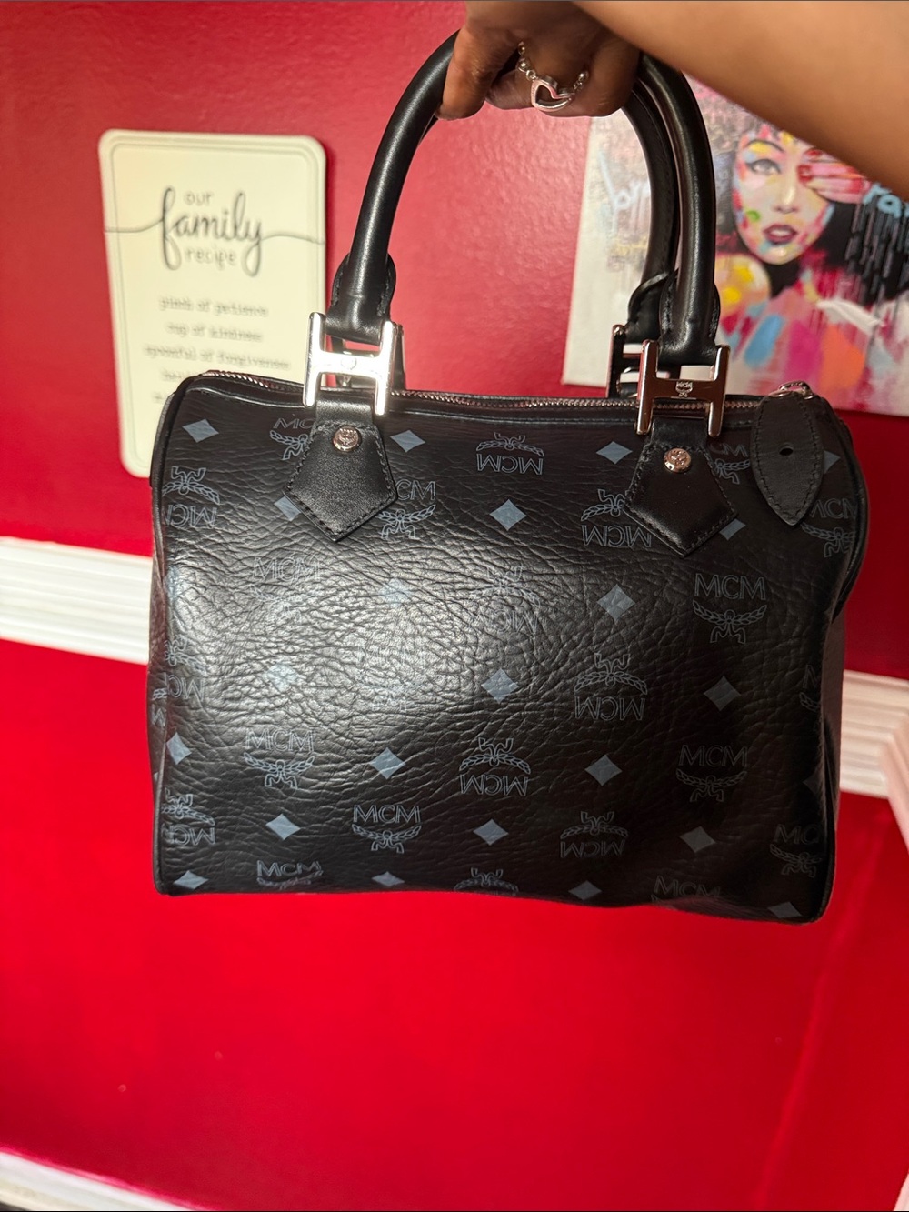 MCM Black Monogram Leather Satchel with Bone Charm - Picture 3 of 12